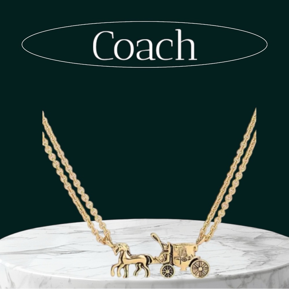 NWT Coach Gold Horse and Carriage Double Strand Necklace Gold Tone